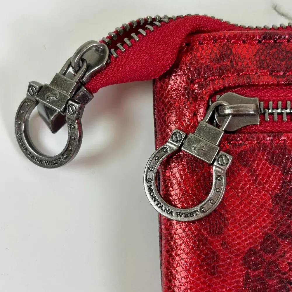 Montana West Red Metallic Snake Print Western Rodeo Glam Cowgirl Wristlet Clutch